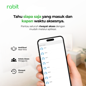 RABIT Smart Doorlock A Kunci Pintu Rumah Fingerprint Kode Pin Digital 20 Tampilan smartphone yang memperlihatkan daftar riwayat akses masuk dan keluar Doorlock A secara real-time dari aplikasi Rabit