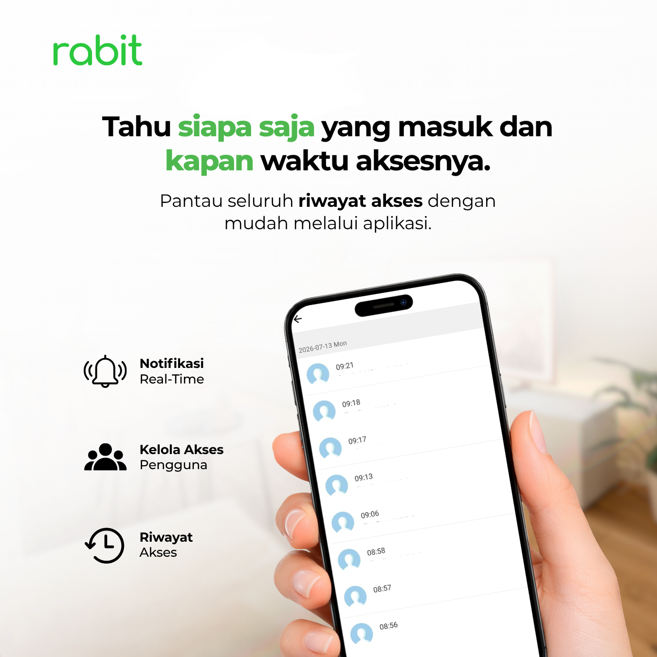 RABIT Smart Doorlock A Kunci Pintu Rumah Fingerprint Kode Pin Digital 8 Tampilan smartphone yang memperlihatkan daftar riwayat akses masuk dan keluar Doorlock A secara real-time dari aplikasi Rabit