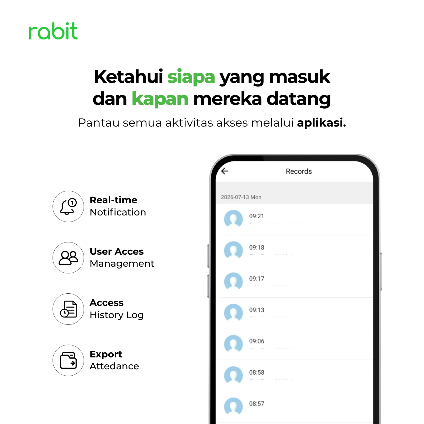 RABIT Smart Doorlock Glass Pintu Kaca Sliding Tanpa Handle Gagang 8 Tampilan antarmuka aplikasi Rabit Smart di smartphone yang menampilkan riwayat akses masuk (Access History Log)