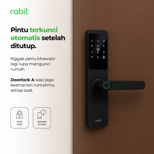 RABIT Smart Doorlock A Kunci Pintu Rumah Fingerprint Kode Pin Digital 21 Rabit Smart Doorlock A terpasang di pintu kayu modern dengan fitur kunci otomatis setelah pintu ditutup