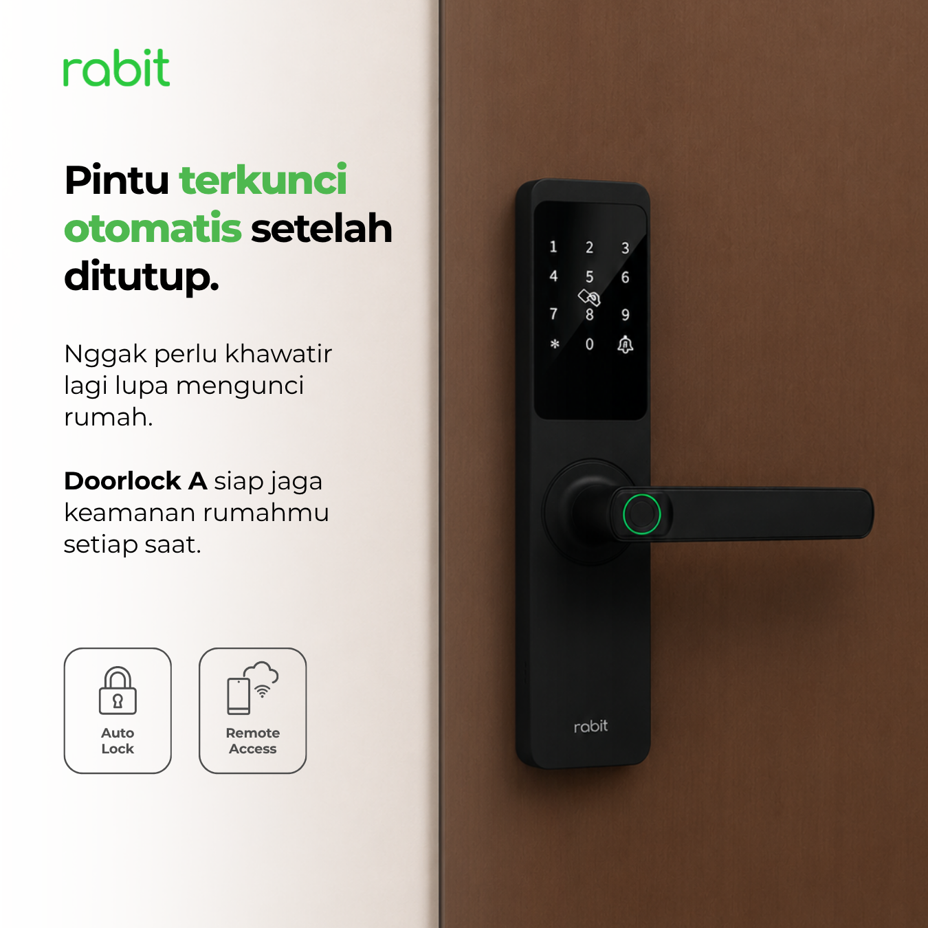 RABIT Smart Doorlock A Kunci Pintu Rumah Fingerprint Kode Pin Digital 9 Rabit Smart Doorlock A terpasang di pintu kayu modern dengan fitur kunci otomatis setelah pintu ditutup