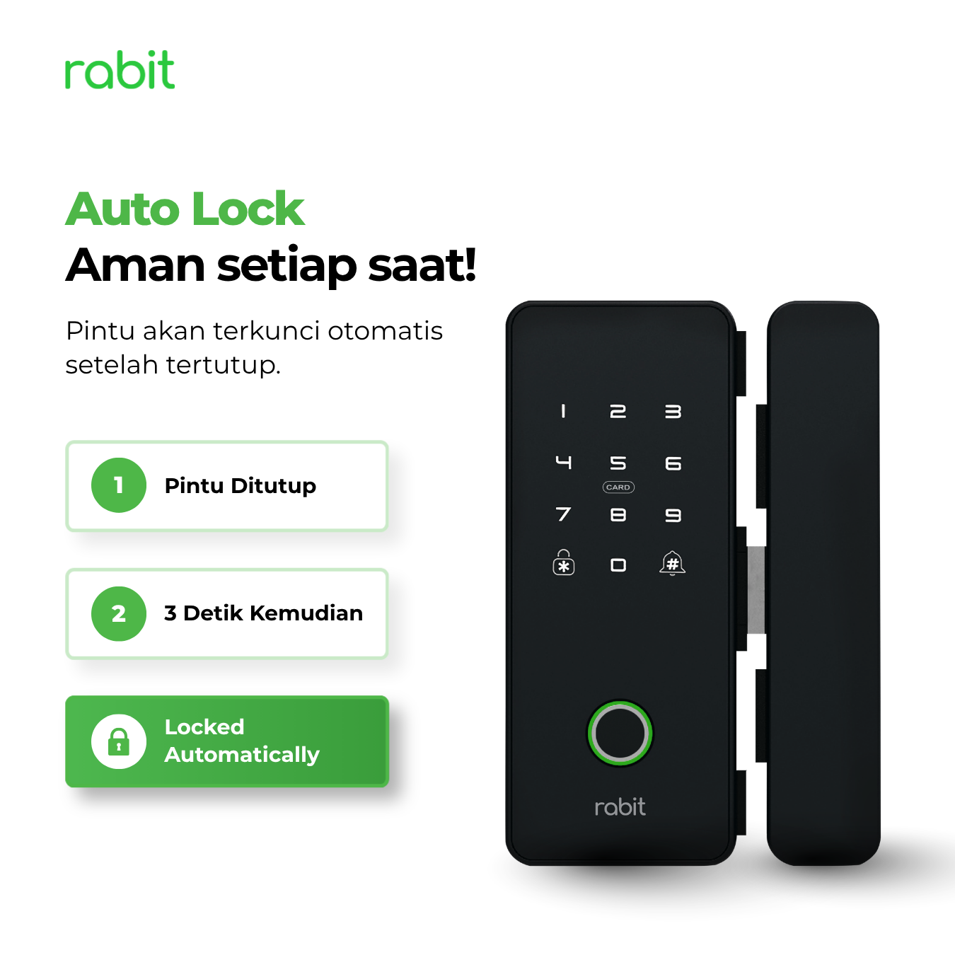 RABIT Smart Doorlock Glass Pintu Kaca Sliding Tanpa Handle Gagang 10 lustrasi fungsi Auto Lock Rabit Smart Door Lock yang mengunci pintu secara otomatis setelah pintu ditutup