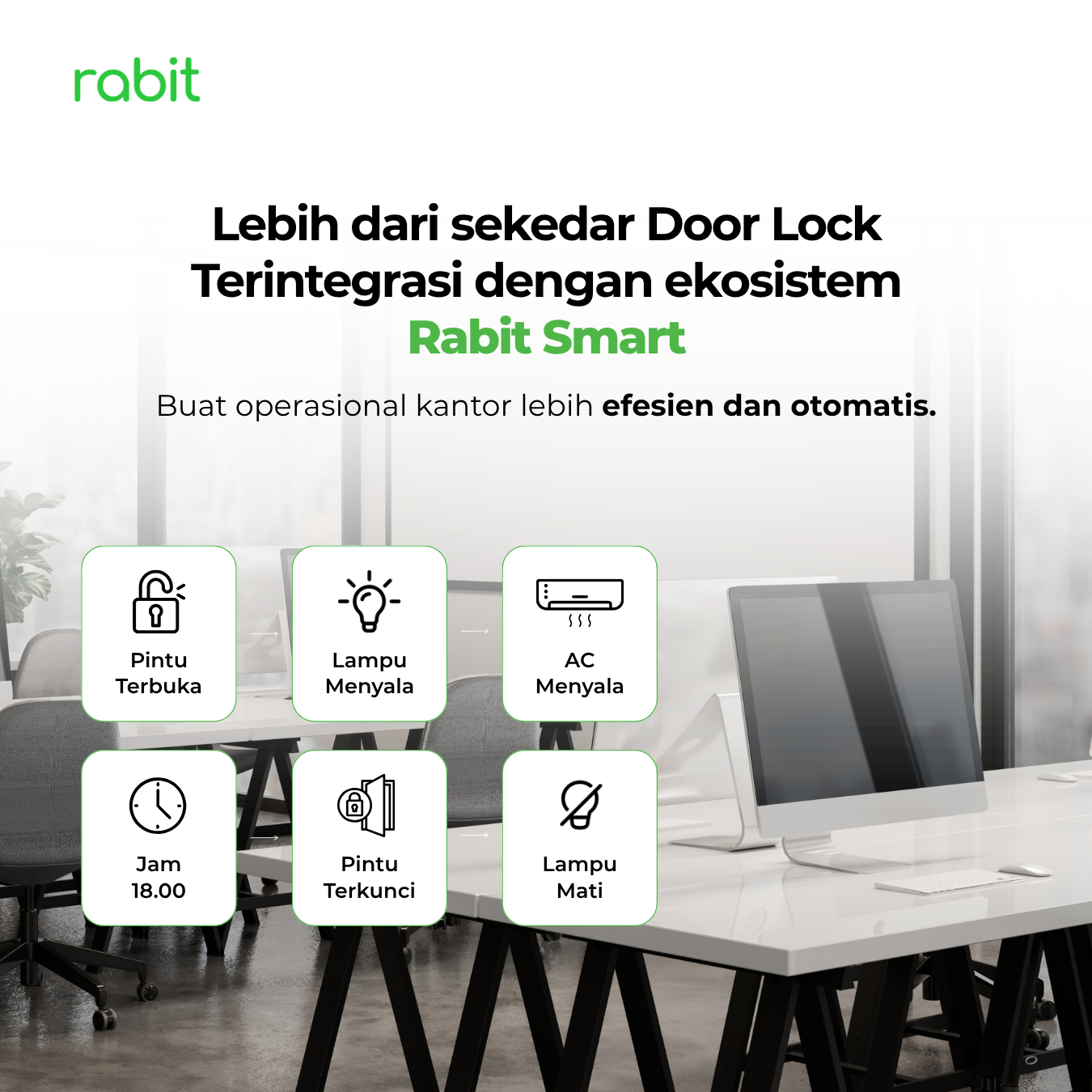 RABIT Smart Doorlock Glass Pintu Kaca Sliding Tanpa Handle Gagang 11 Ilustrasi otomatisasi ekosistem Rabit Smart di ruang kantor