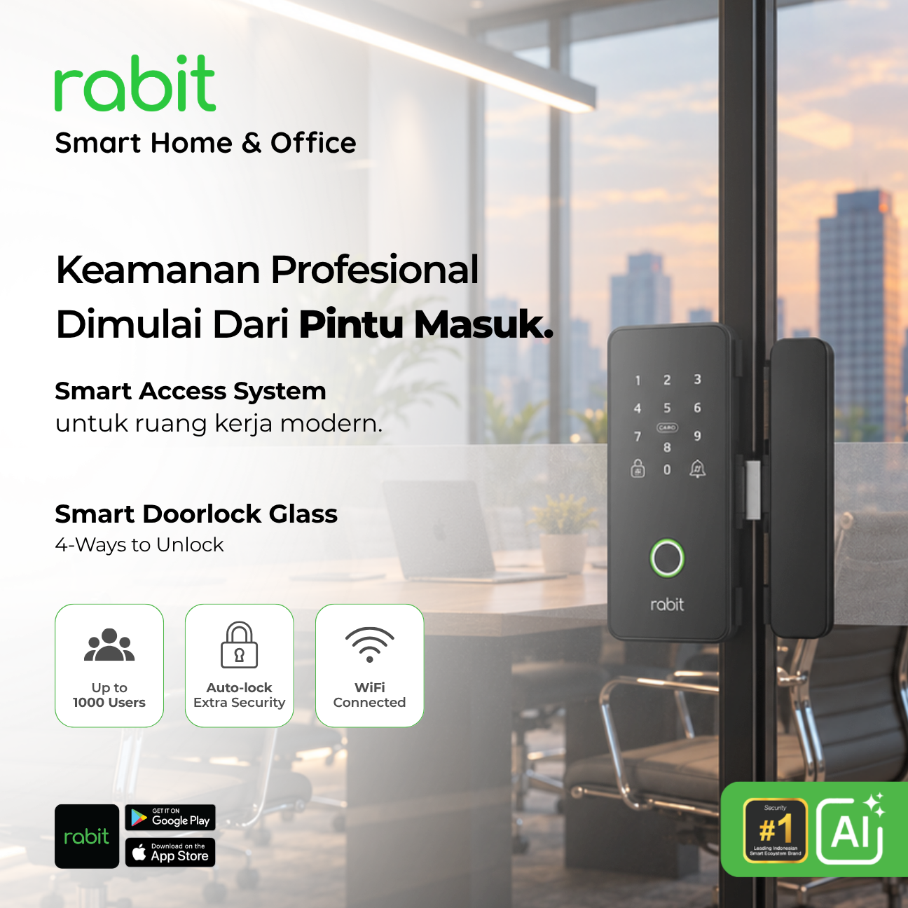 RABIT Smart Doorlock Glass Pintu Kaca Sliding Tanpa Handle Gagang 3 Kunci pintu digital Rabit Smart Doorlock Glass dengan sensor sidik jari, PIN, IC card, dan aplikasi