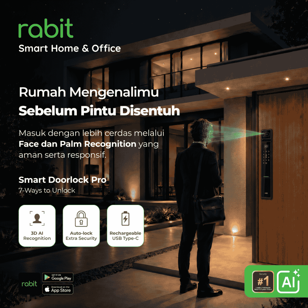RABIT Smart Door Lock PRO Palm Face 3D Recognition Tanpa Handle Gagang 3 Rabit Smart Doorlock Pro kunci pintu pintar dengan Face Recognition, Fingerprint, RFID, Password, dan Aplikasi Rabit