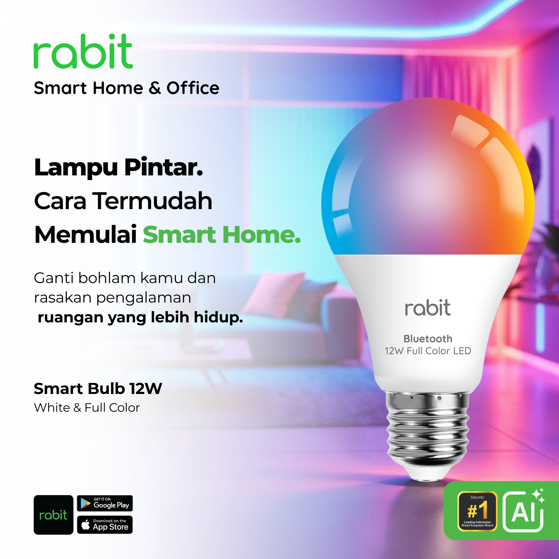 Smart Light Bulb Color 12W Bluetooth 3 Lampu LED pintar Rabit Smart Bulb Bluetooth 12W Full Color dengan fitur 16 juta warna, hemat energi, penjadwalan otomatis, dan kontrol via aplikasi