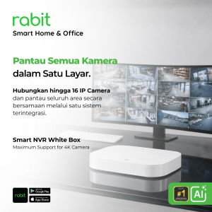 Rabit Smart NVR Whitebox 16 Channel perekam IP Camera terhubung layar monitor pemantauan gudang dan kantor